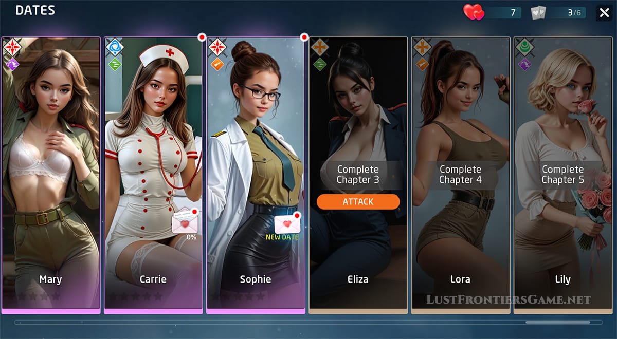 Heroines collection screen in Lust Frontiers